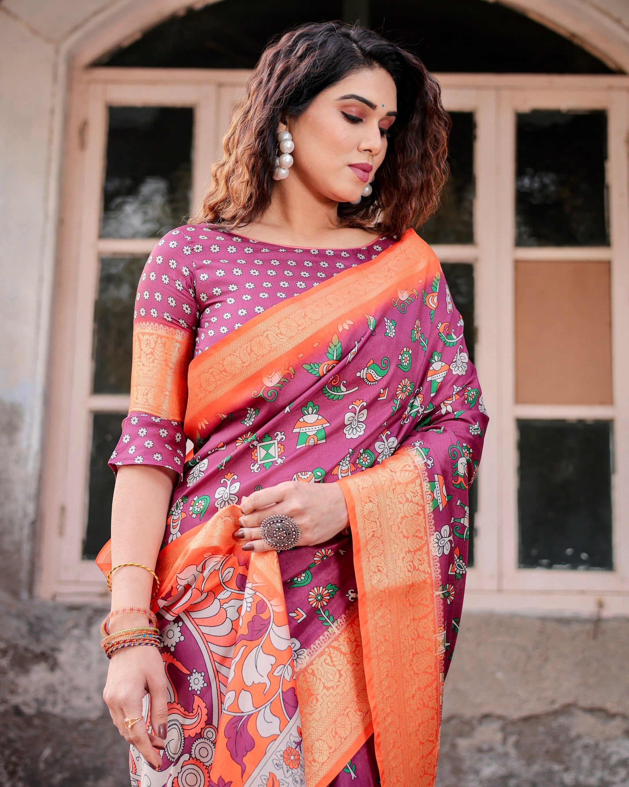 Digital Printed Pure Silk Saree with Brocade Blouse Colorful Saree