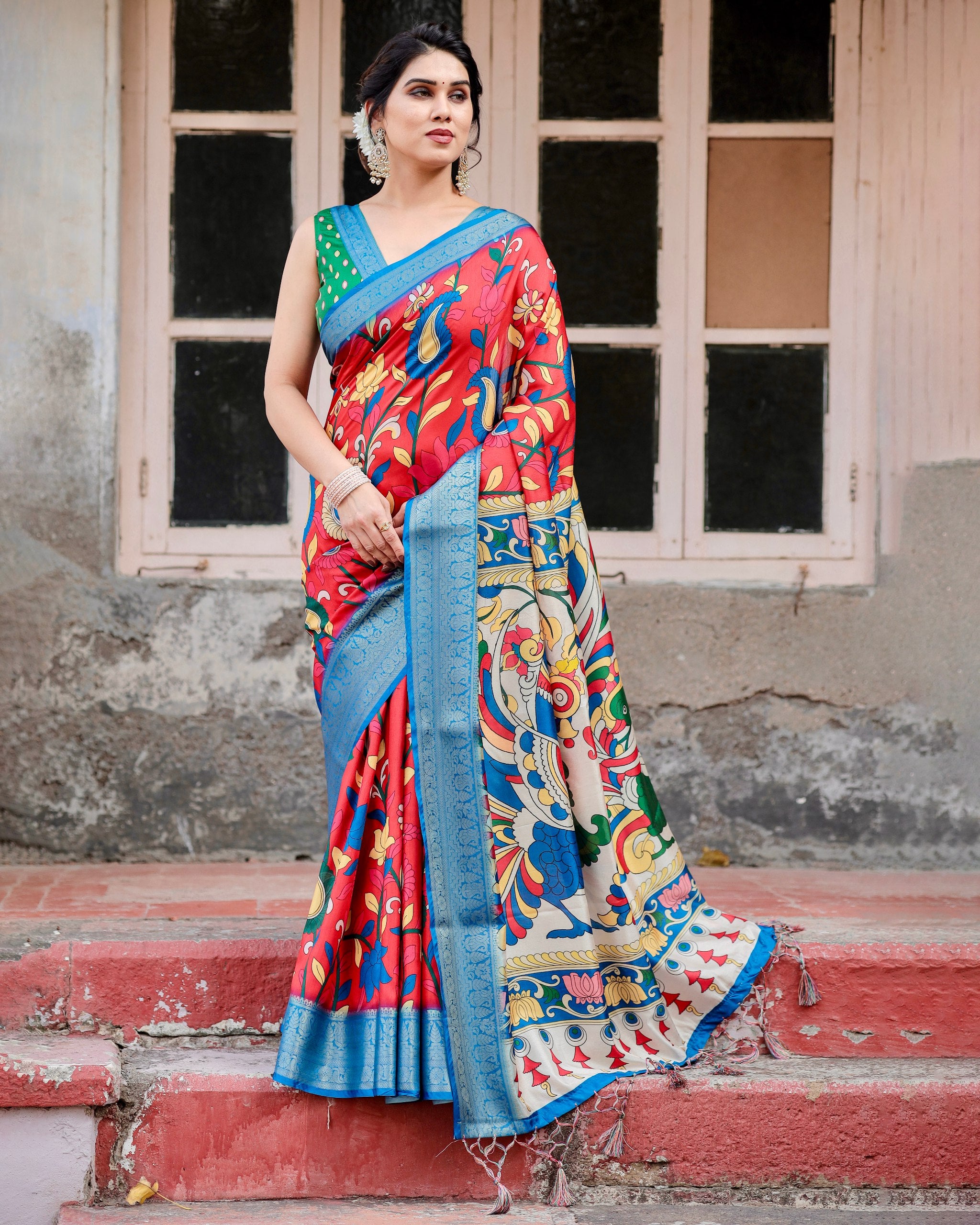 Digital Printed Pure Silk Saree with Brocade Blouse Colorful Saree