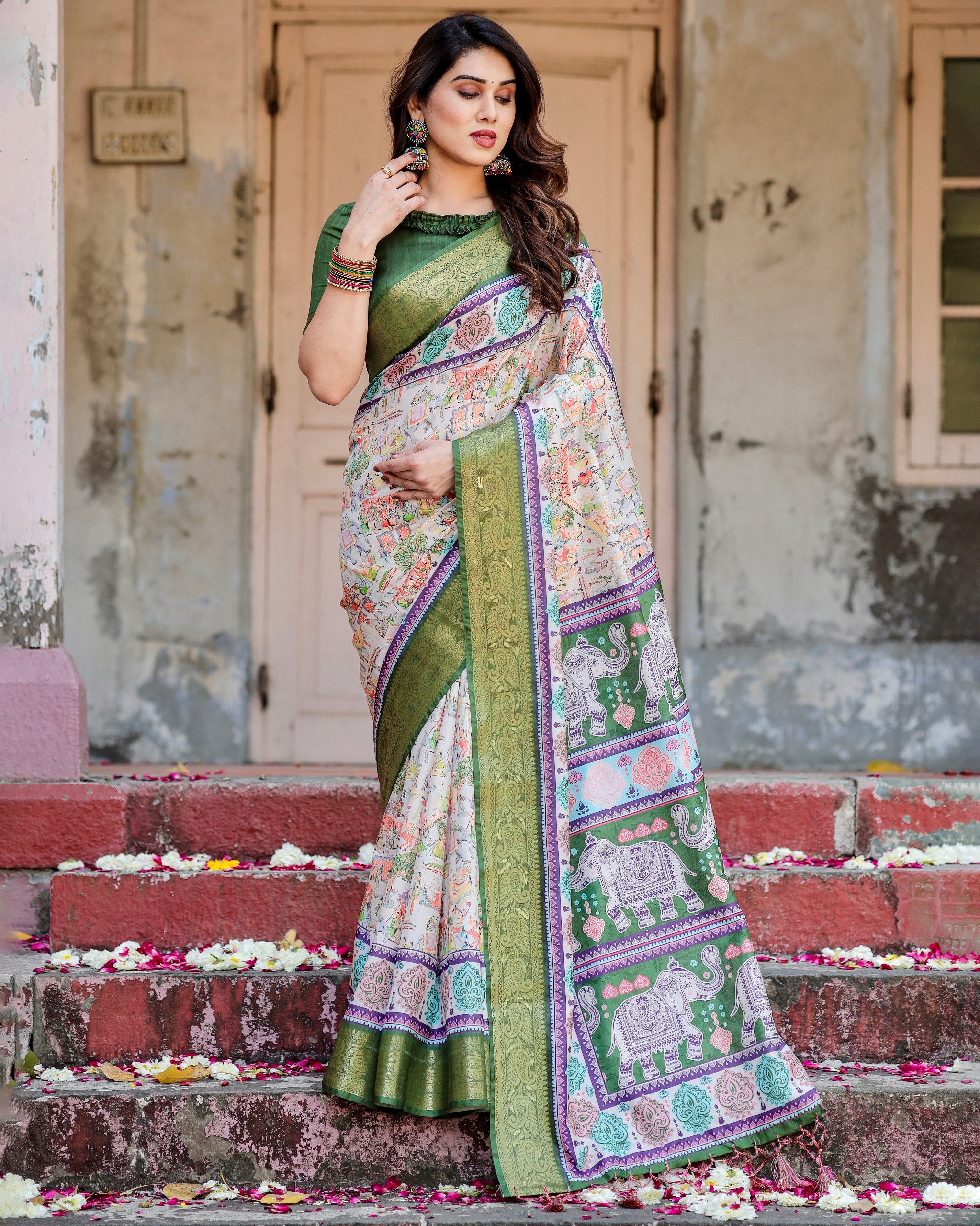 Digital Printed Pure Silk Saree with Brocade Blouse Colorful Saree