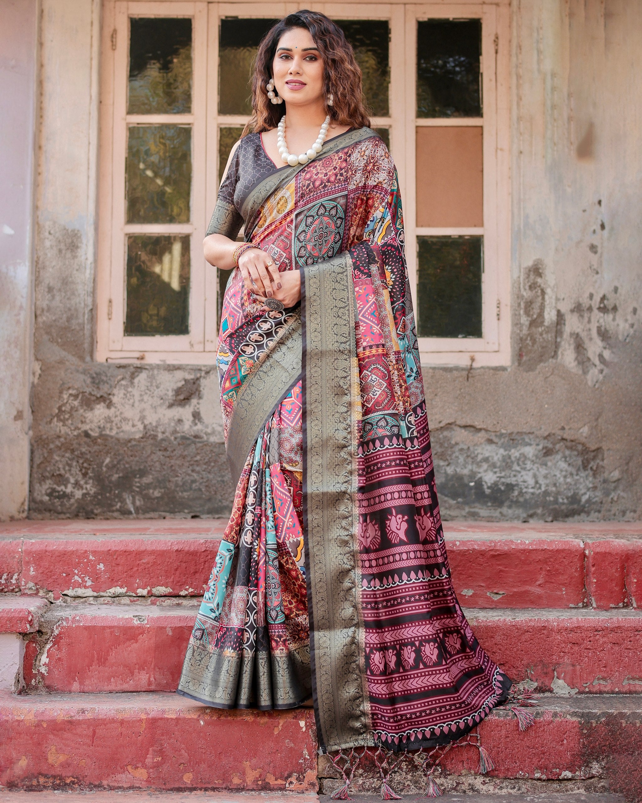 Digital Printed Pure Silk Saree with Brocade Blouse and Enchanting Tassels Colorful Saree