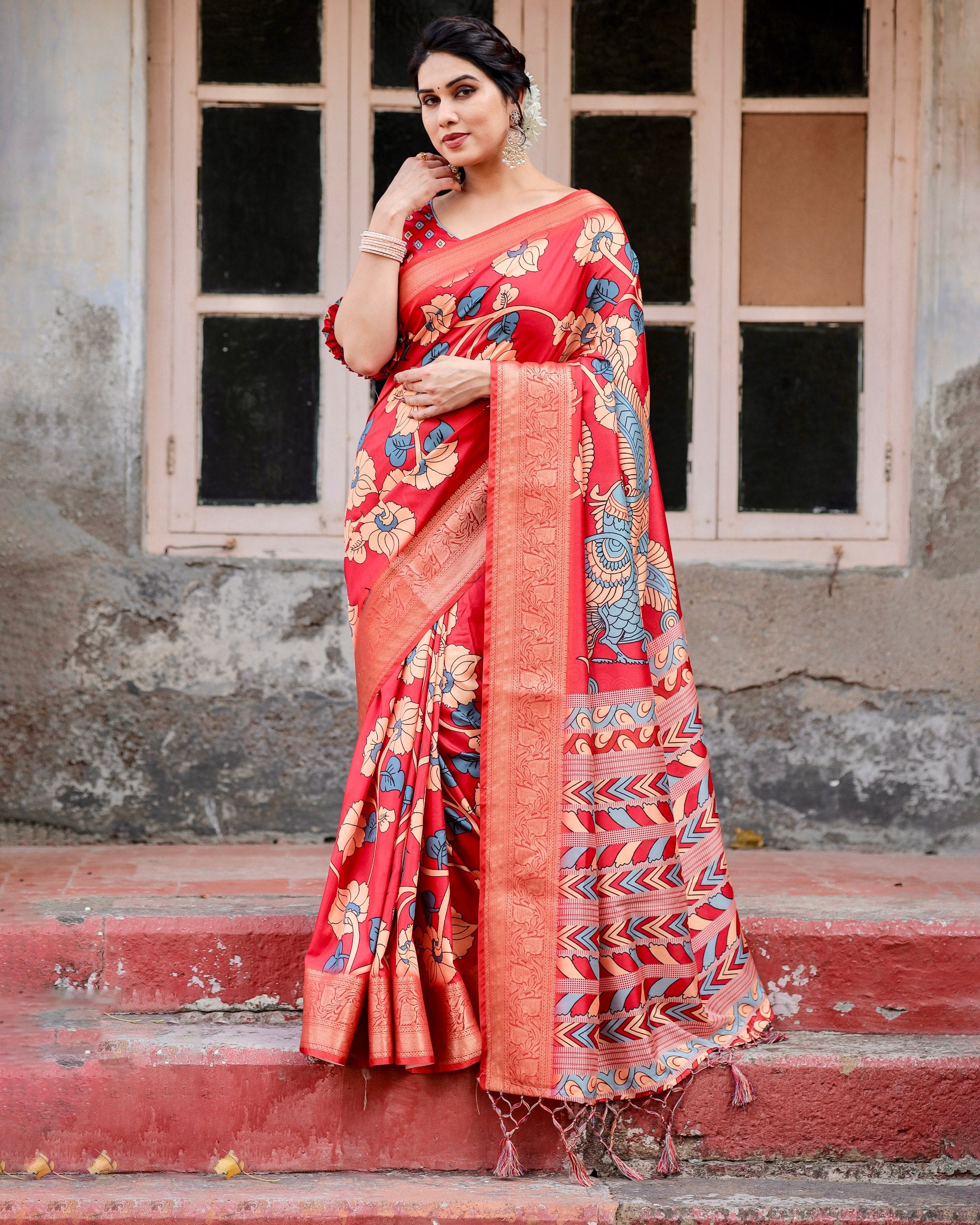 Digital Printed Pure Silk Saree with Brocade Blouse and Enchanting Tassels Colorful Saree