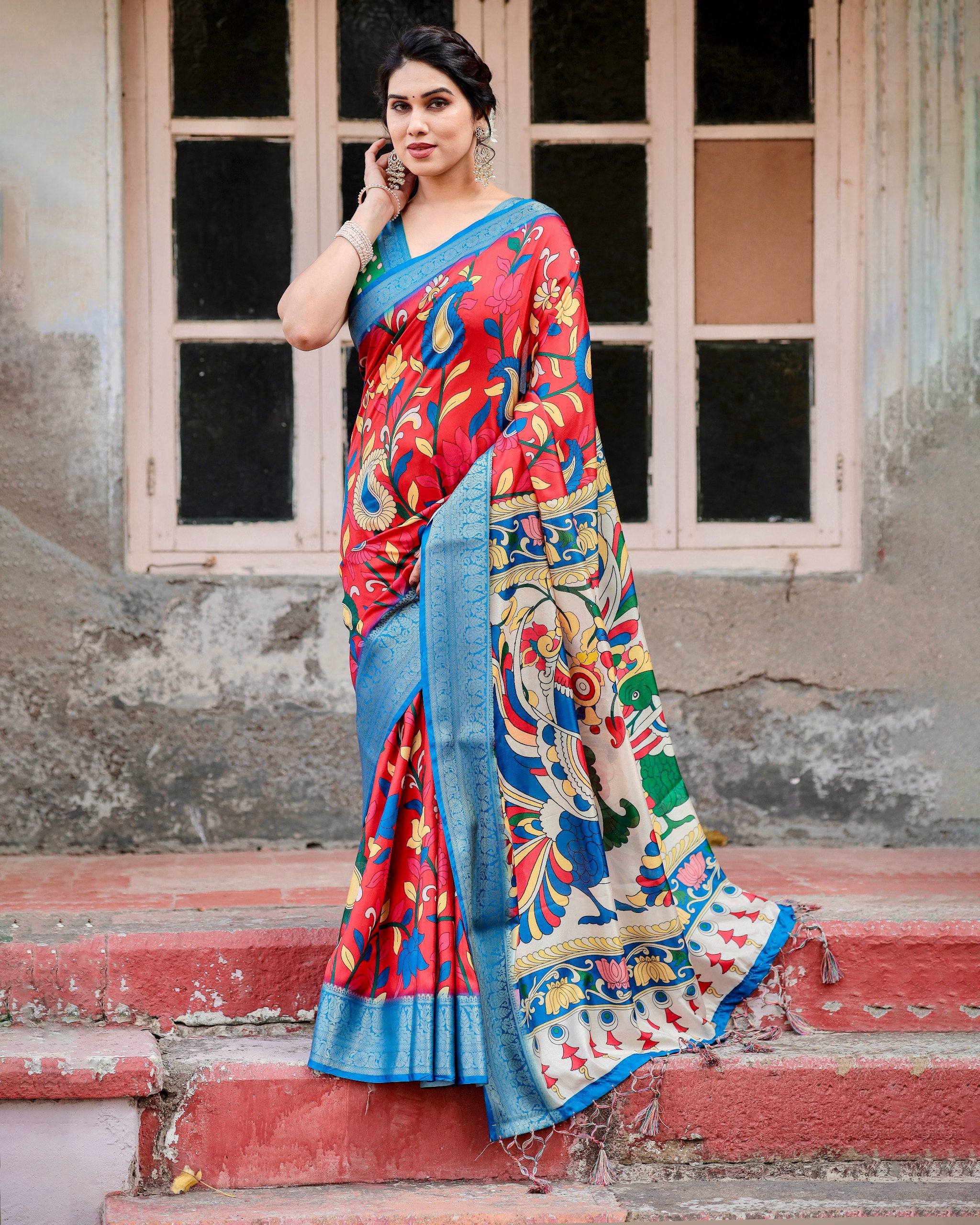 Digital Printed Pure Silk Saree with Brocade Blouse Colorful Saree