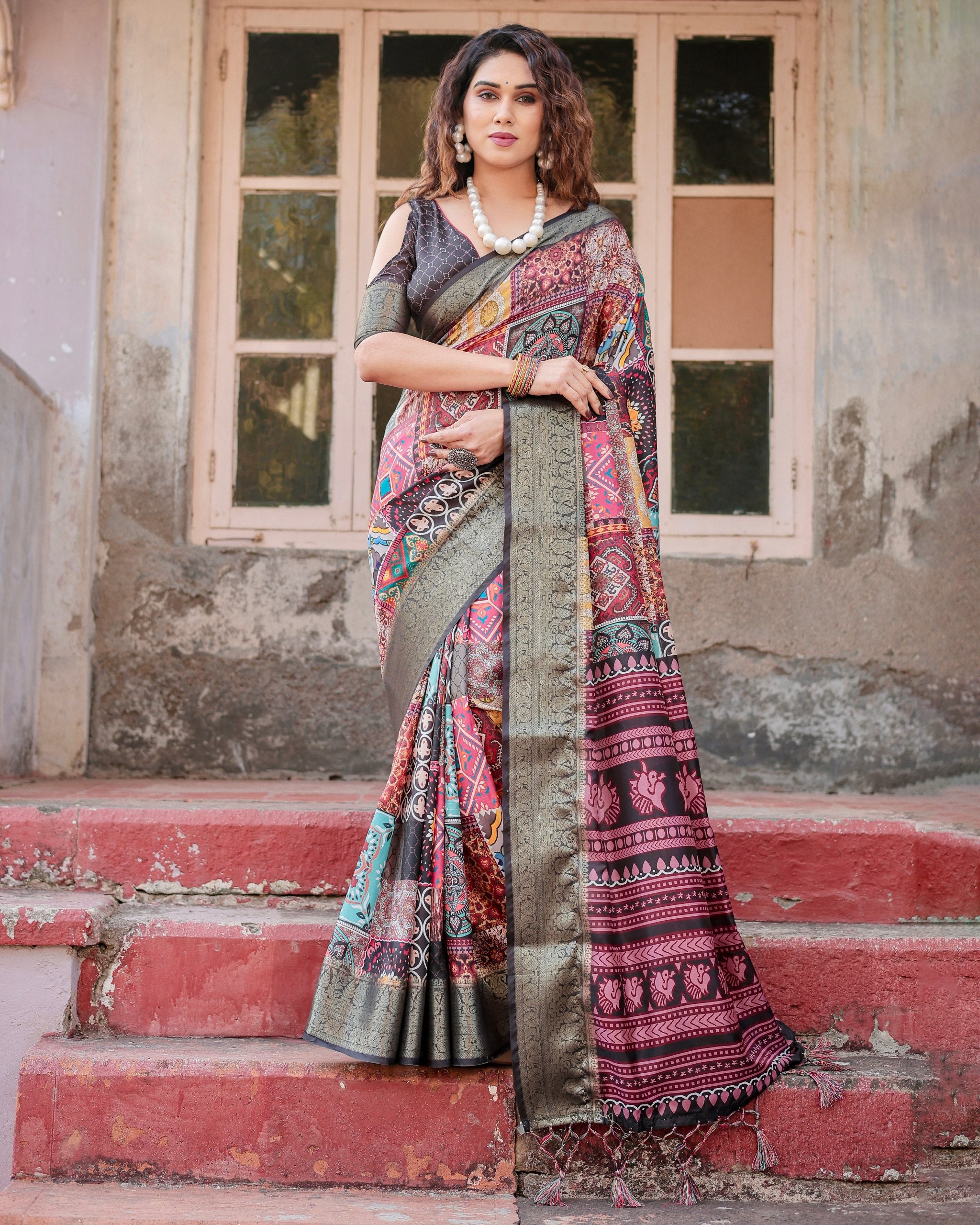 Digital Printed Pure Silk Saree with Brocade Blouse and Enchanting Tassels Colorful Saree