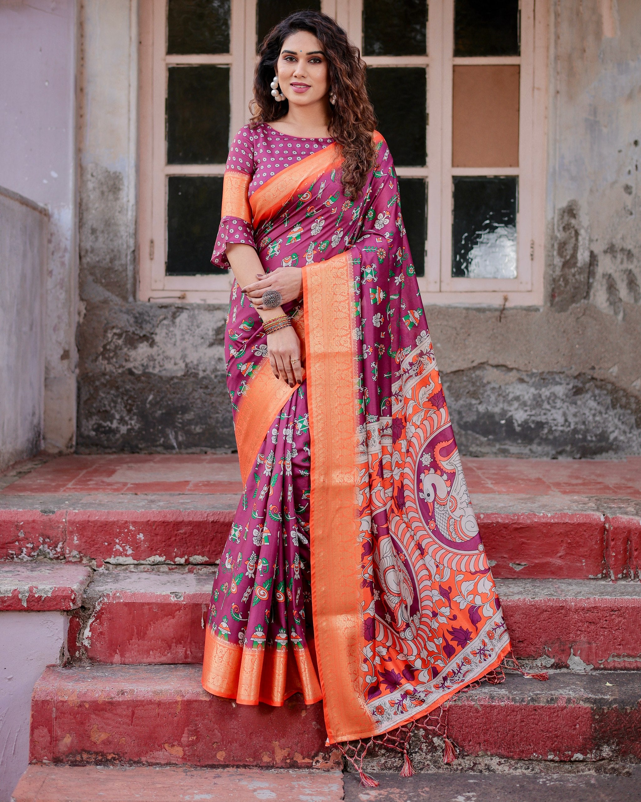 Digital Printed Pure Silk Saree with Brocade Blouse Colorful Saree