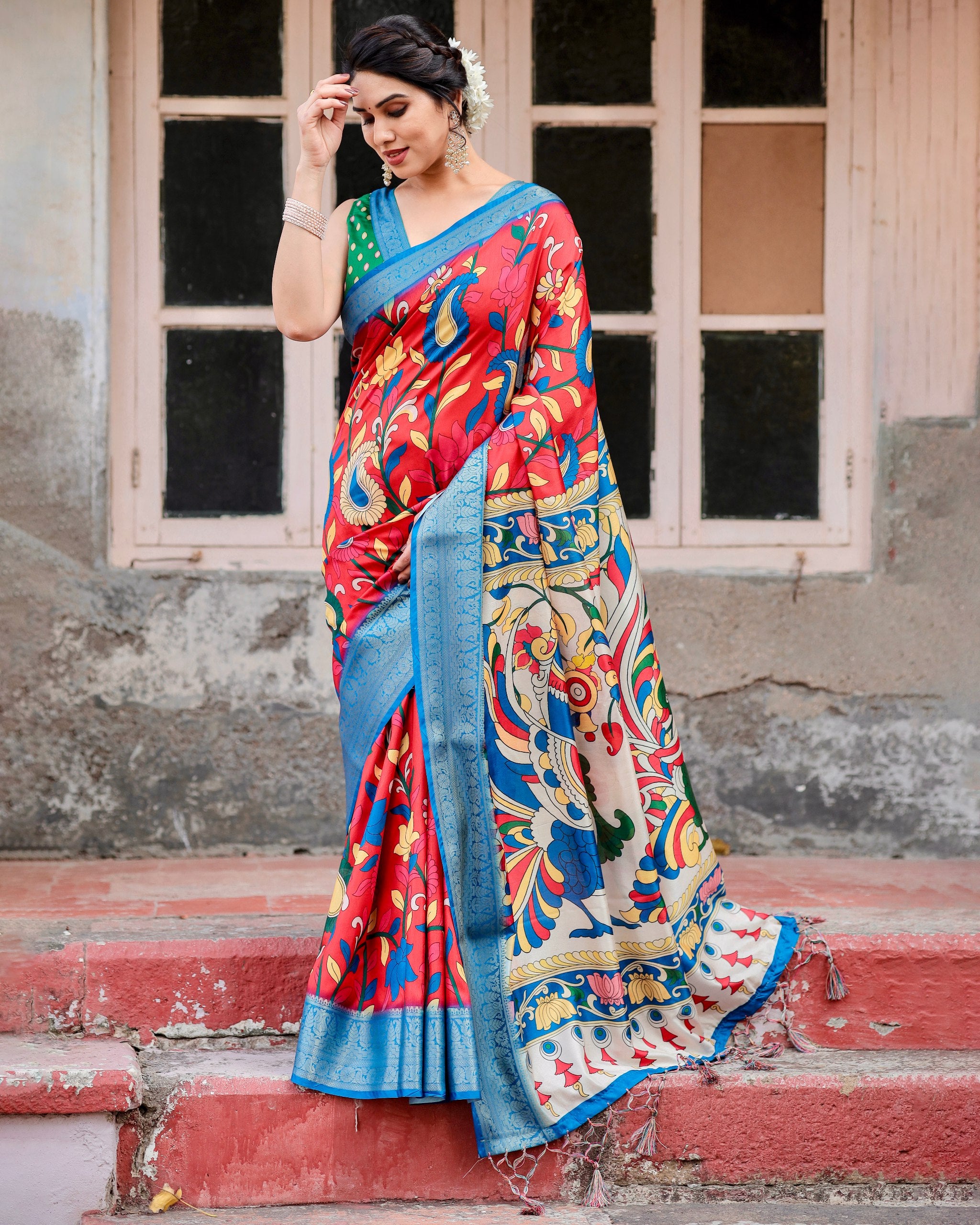 Digital Printed Pure Silk Saree with Brocade Blouse Colorful Saree