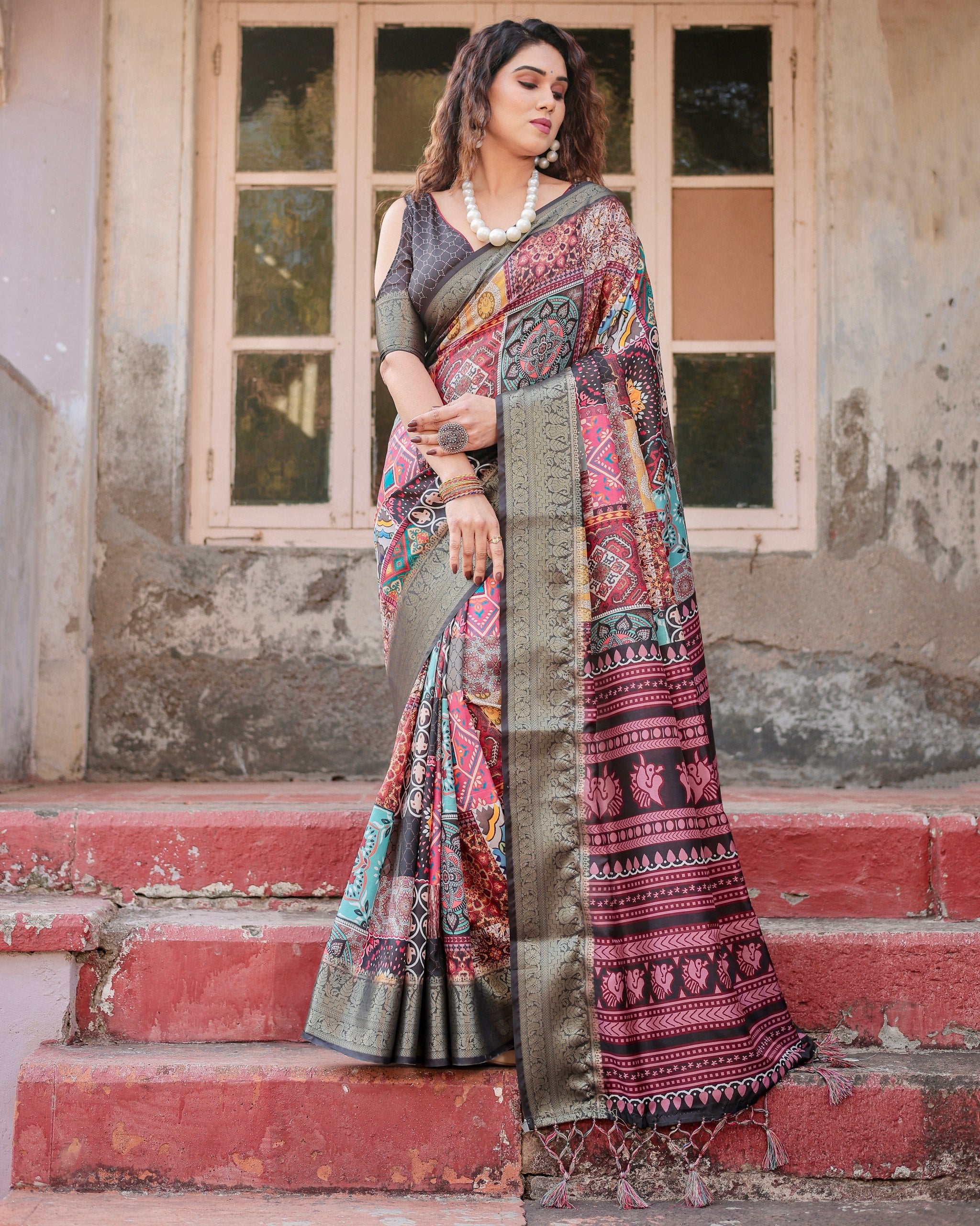 Digital Printed Pure Silk Saree with Brocade Blouse and Enchanting Tassels Colorful Saree