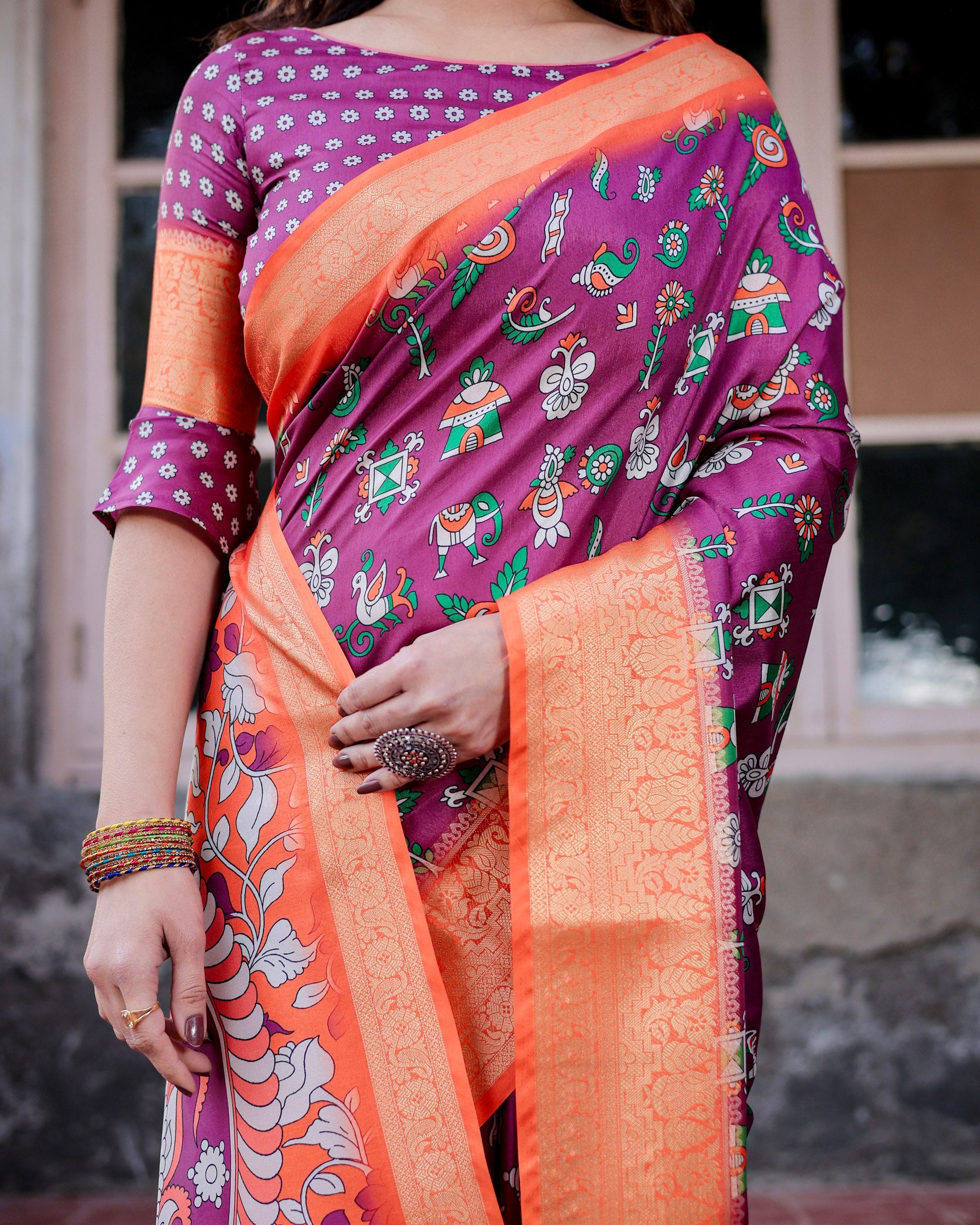 Digital Printed Pure Silk Saree with Brocade Blouse Colorful Saree