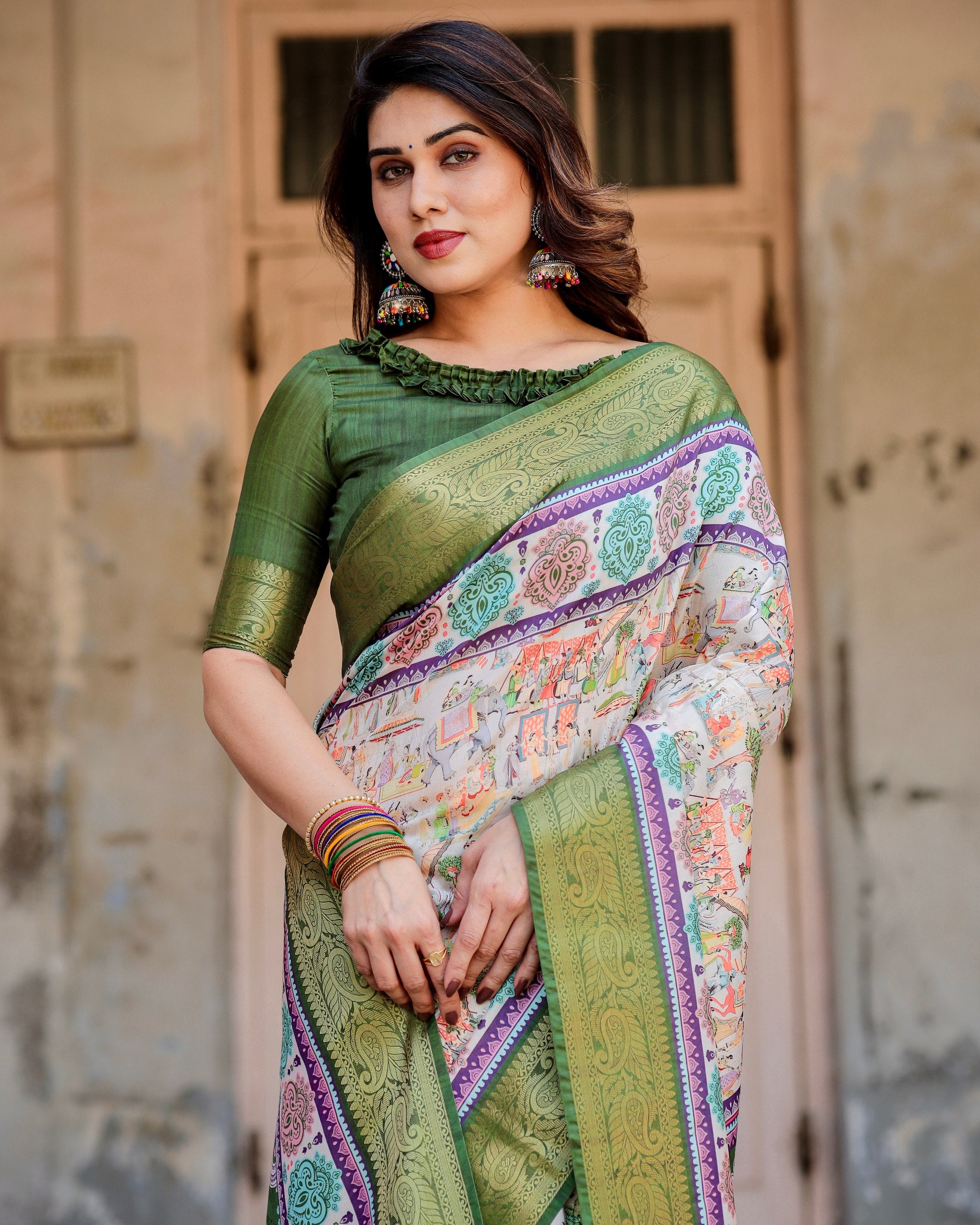 Digital Printed Pure Silk Saree with Brocade Blouse Colorful Saree