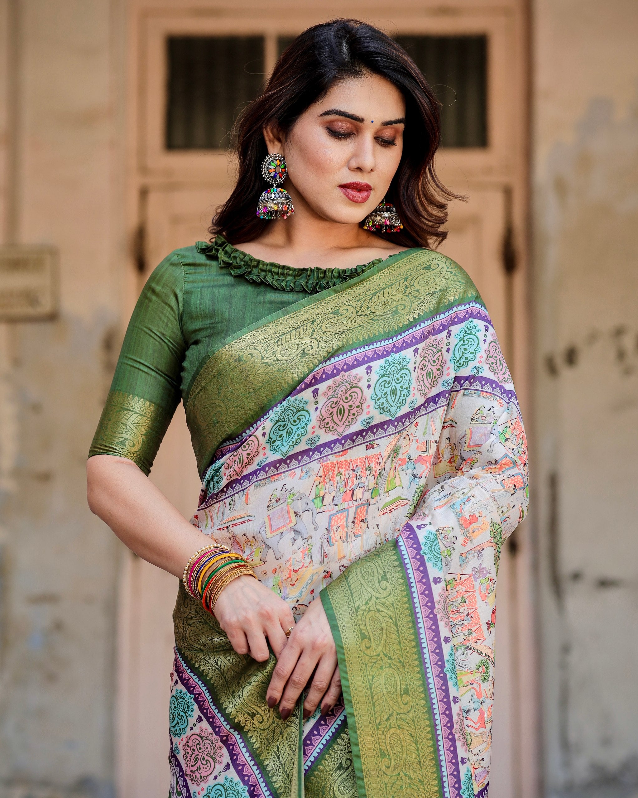 Digital Printed Pure Silk Saree with Brocade Blouse Colorful Saree