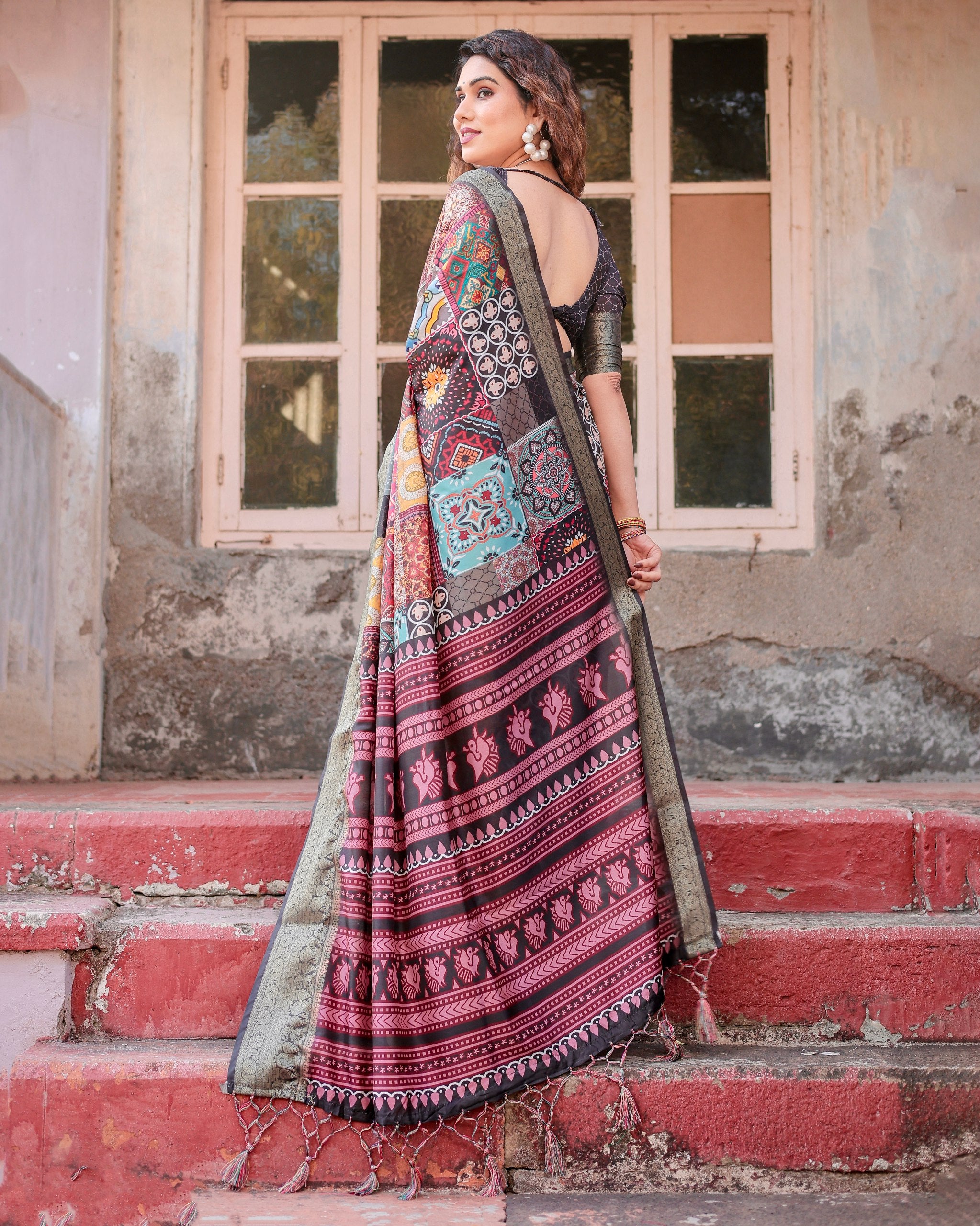 Digital Printed Pure Silk Saree with Brocade Blouse and Enchanting Tassels Colorful Saree