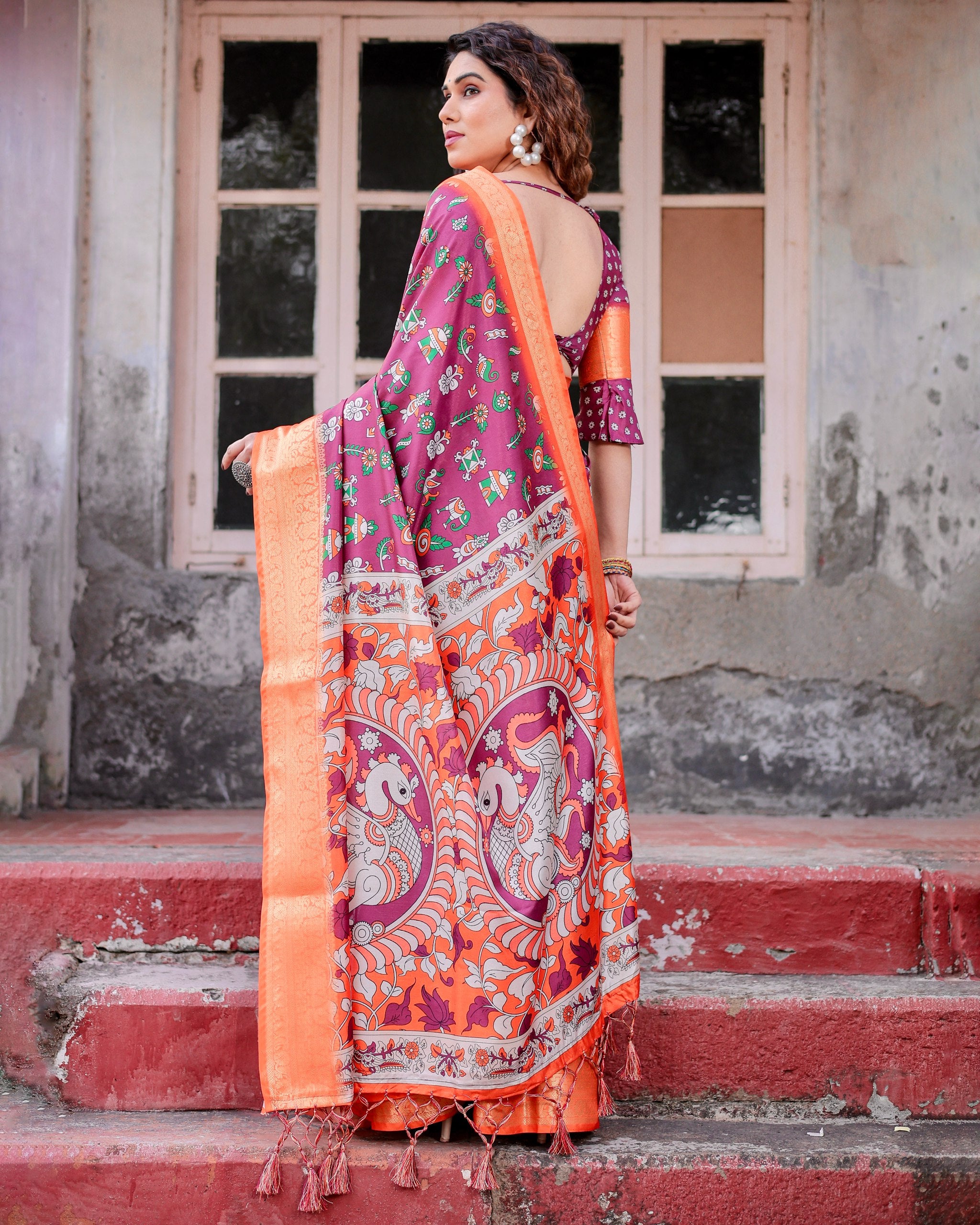 Digital Printed Pure Silk Saree with Brocade Blouse Colorful Saree