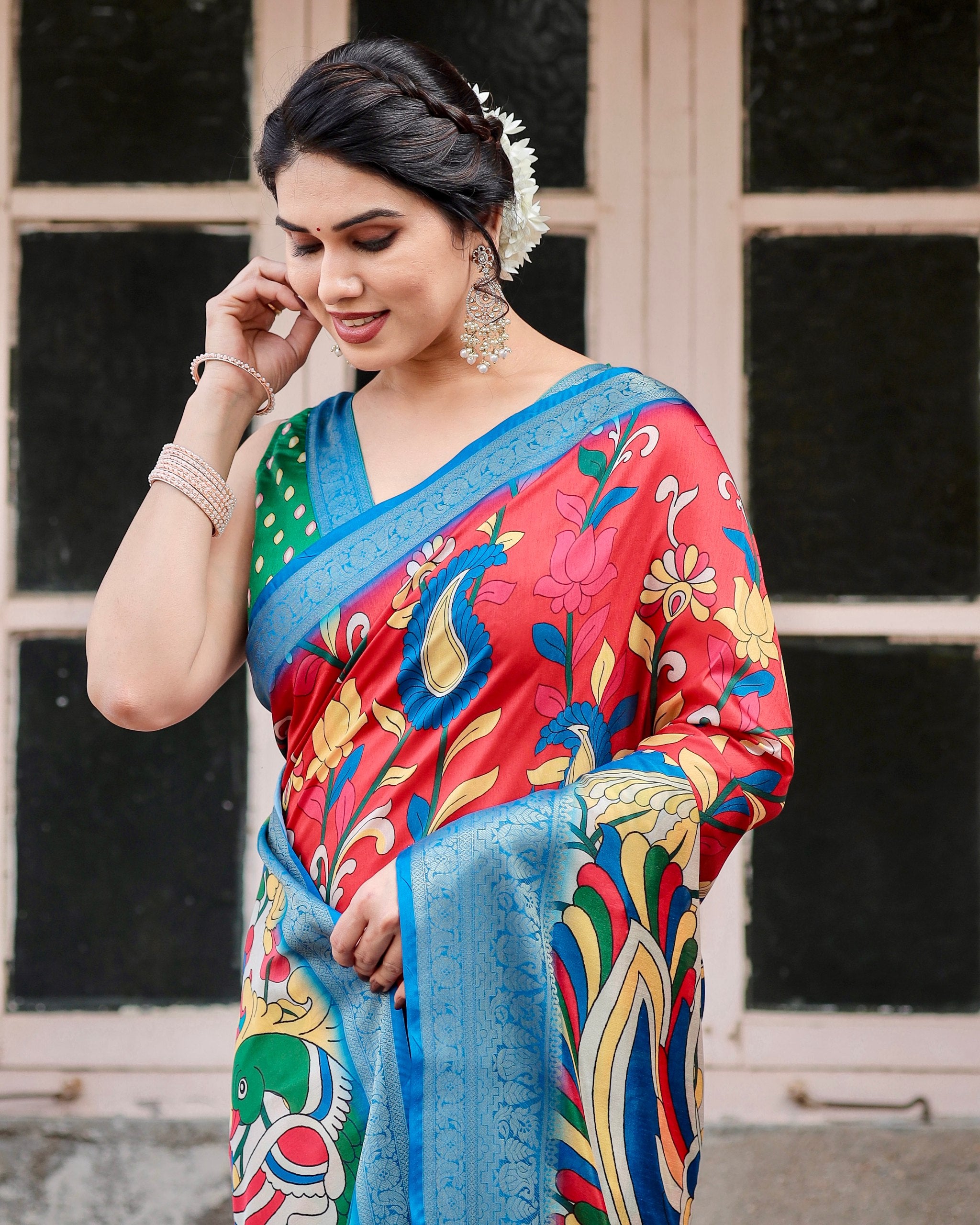 Digital Printed Pure Silk Saree with Brocade Blouse Colorful Saree