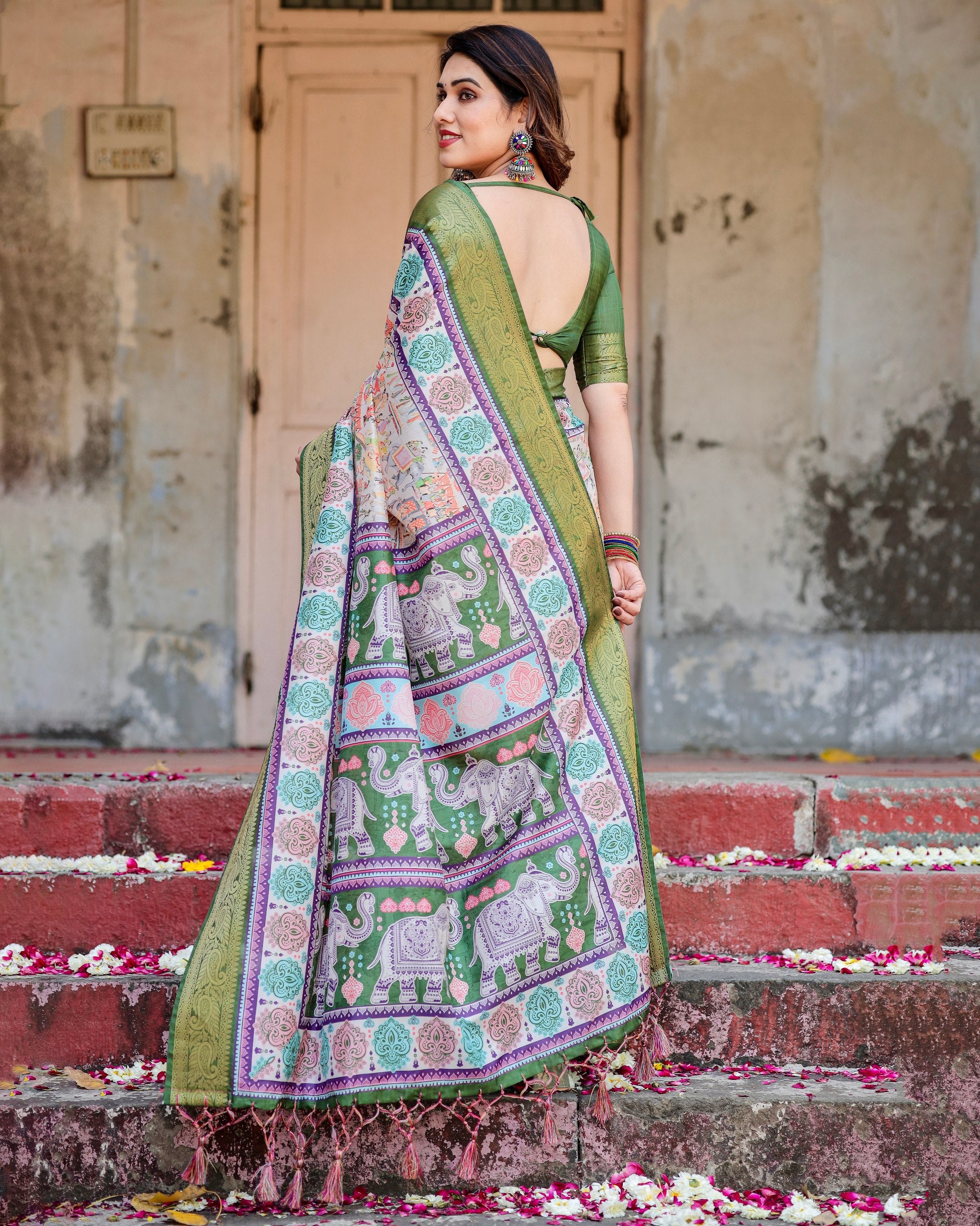 Digital Printed Pure Silk Saree with Brocade Blouse Colorful Saree