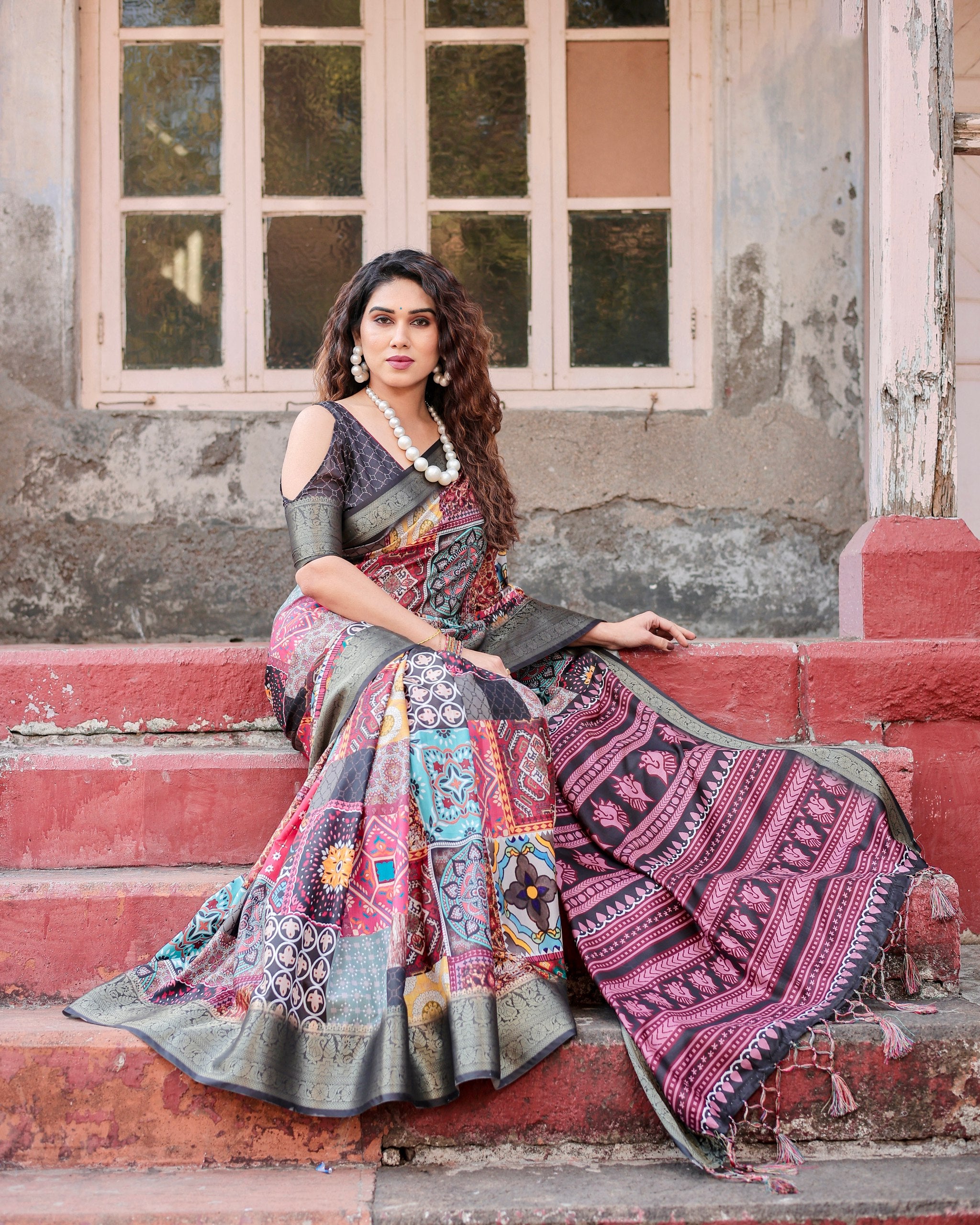 Digital Printed Pure Silk Saree with Brocade Blouse and Enchanting Tassels Colorful Saree