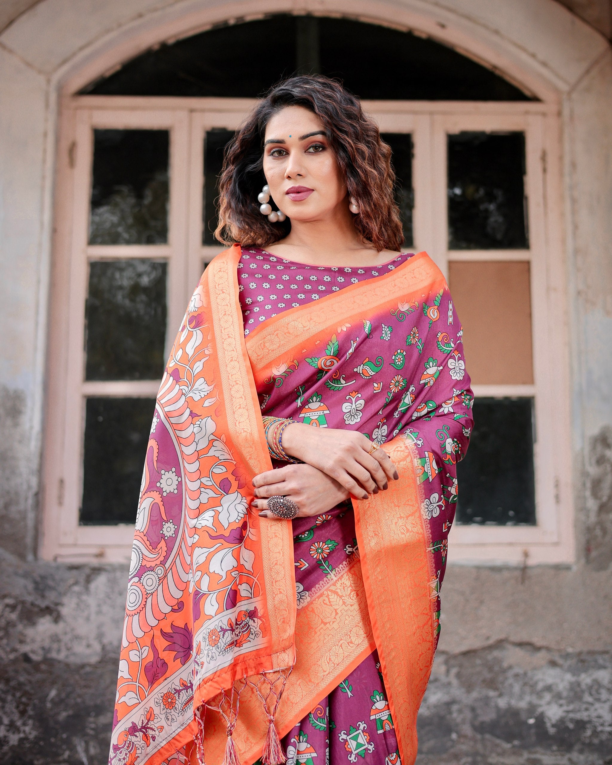 Digital Printed Pure Silk Saree with Brocade Blouse Colorful Saree