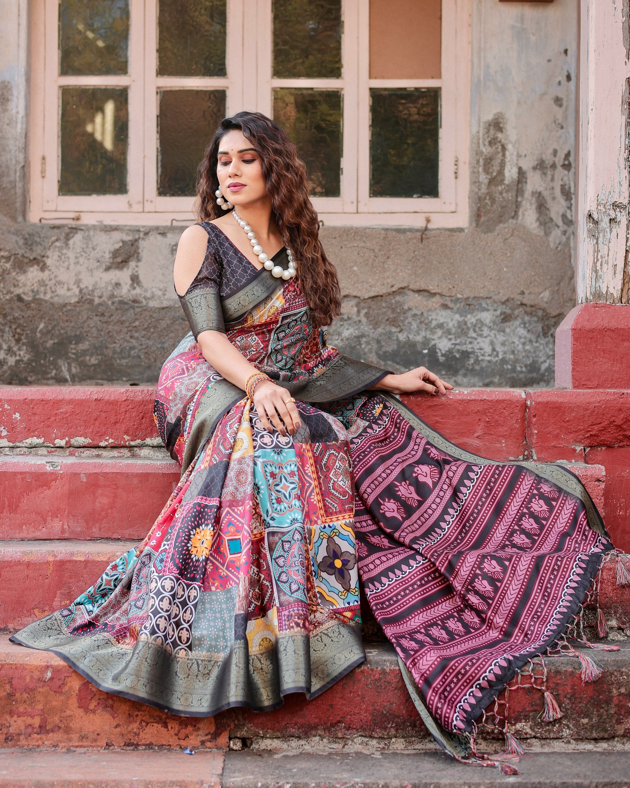 Digital Printed Pure Silk Saree with Brocade Blouse and Enchanting Tassels Colorful Saree