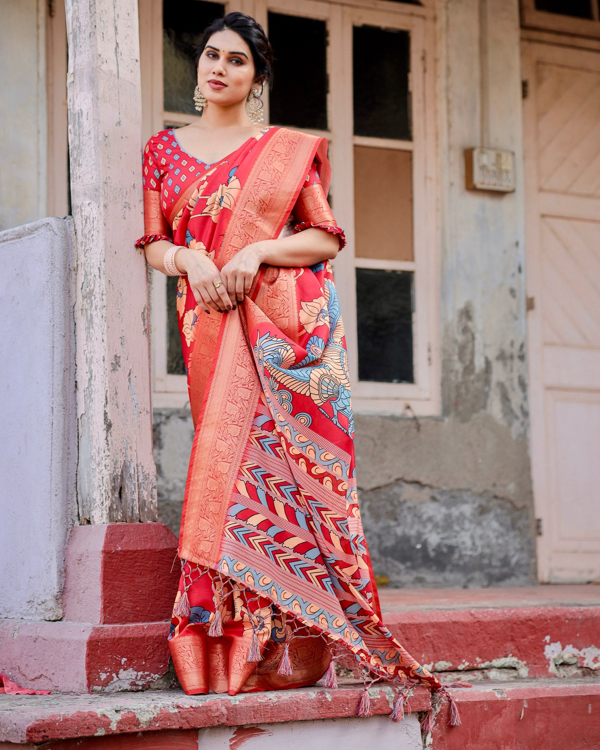 Digital Printed Pure Silk Saree with Brocade Blouse and Enchanting Tassels Colorful Saree