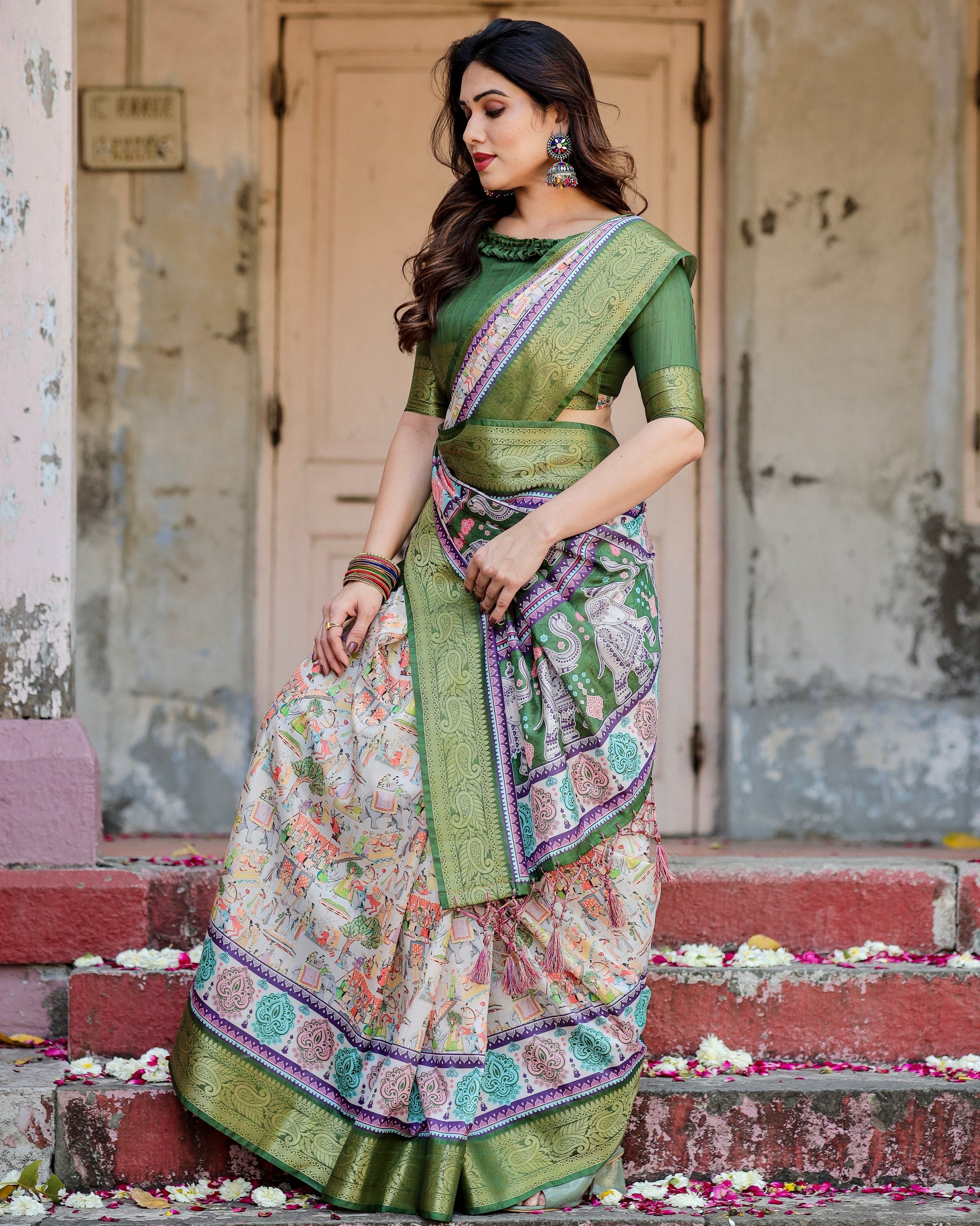 Digital Printed Pure Silk Saree with Brocade Blouse Colorful Saree