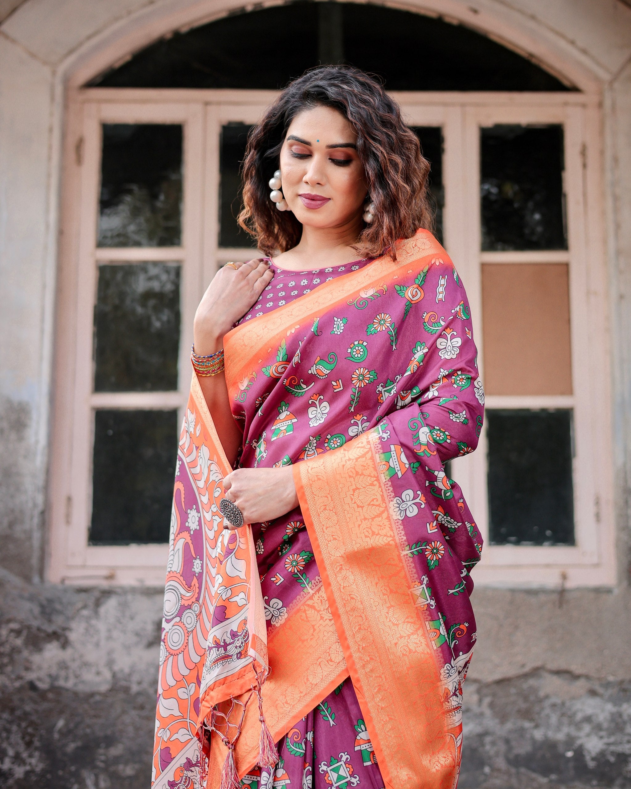 Digital Printed Pure Silk Saree with Brocade Blouse Colorful Saree