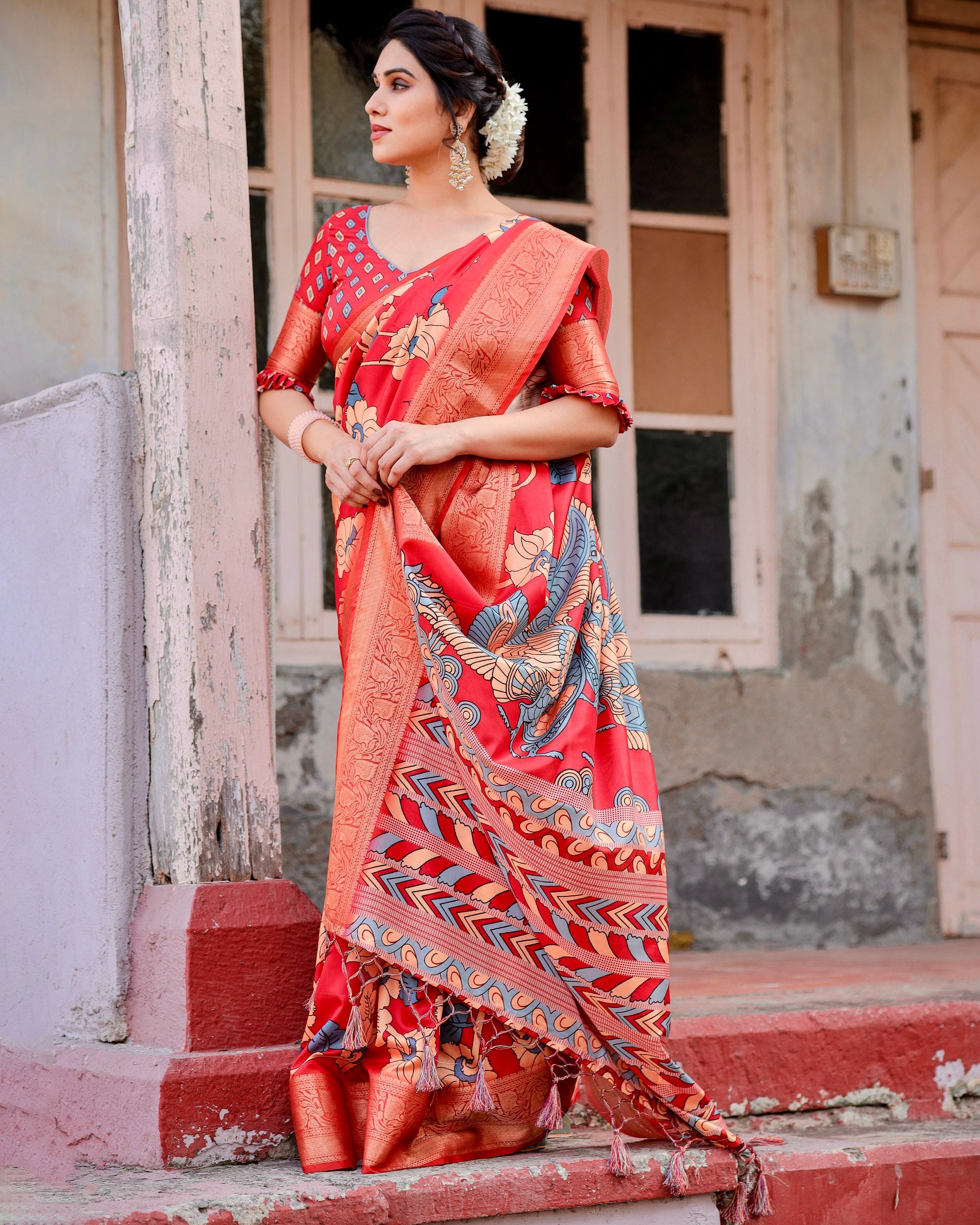 Digital Printed Pure Silk Saree with Brocade Blouse and Enchanting Tassels Colorful Saree