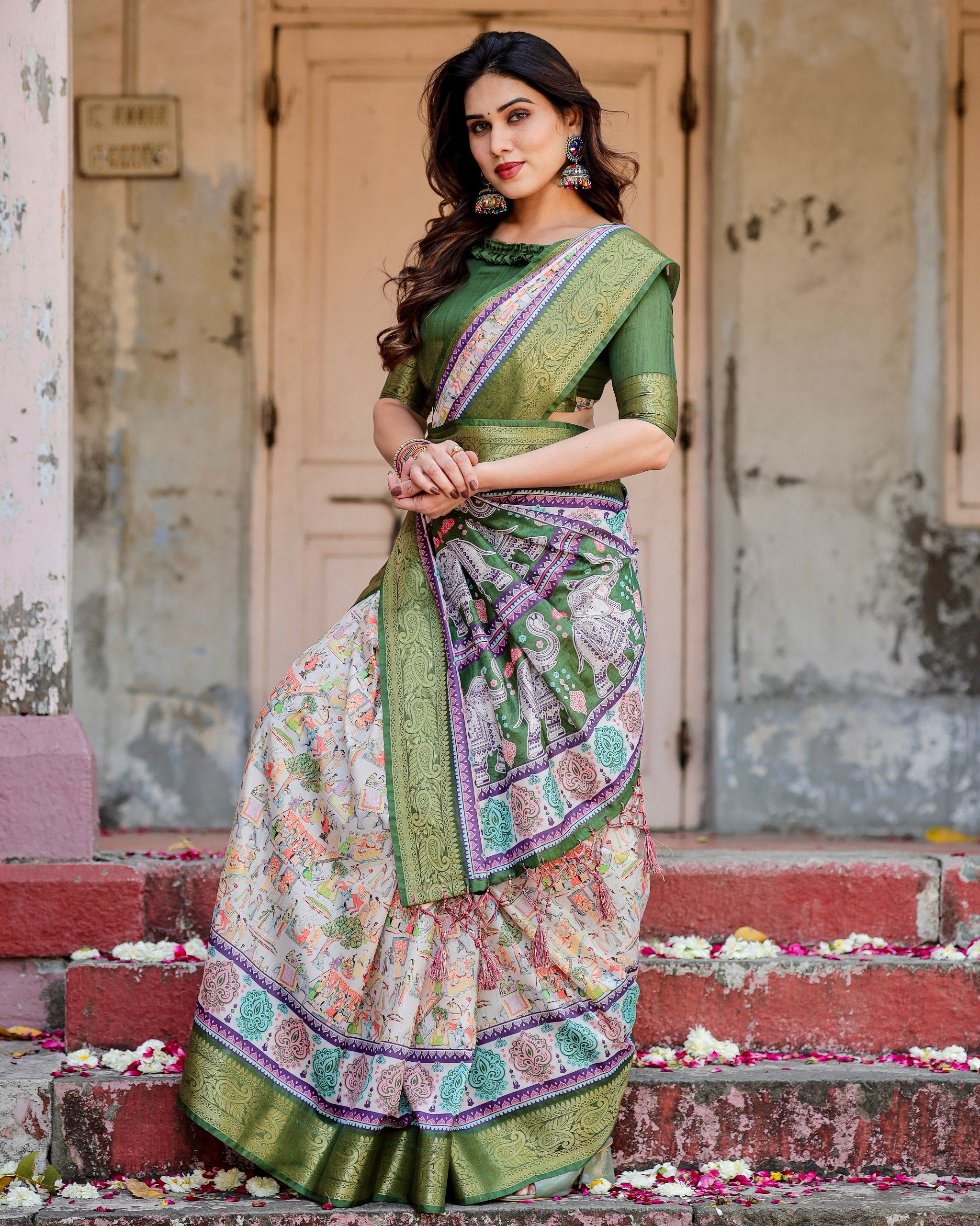 Digital Printed Pure Silk Saree with Brocade Blouse Colorful Saree