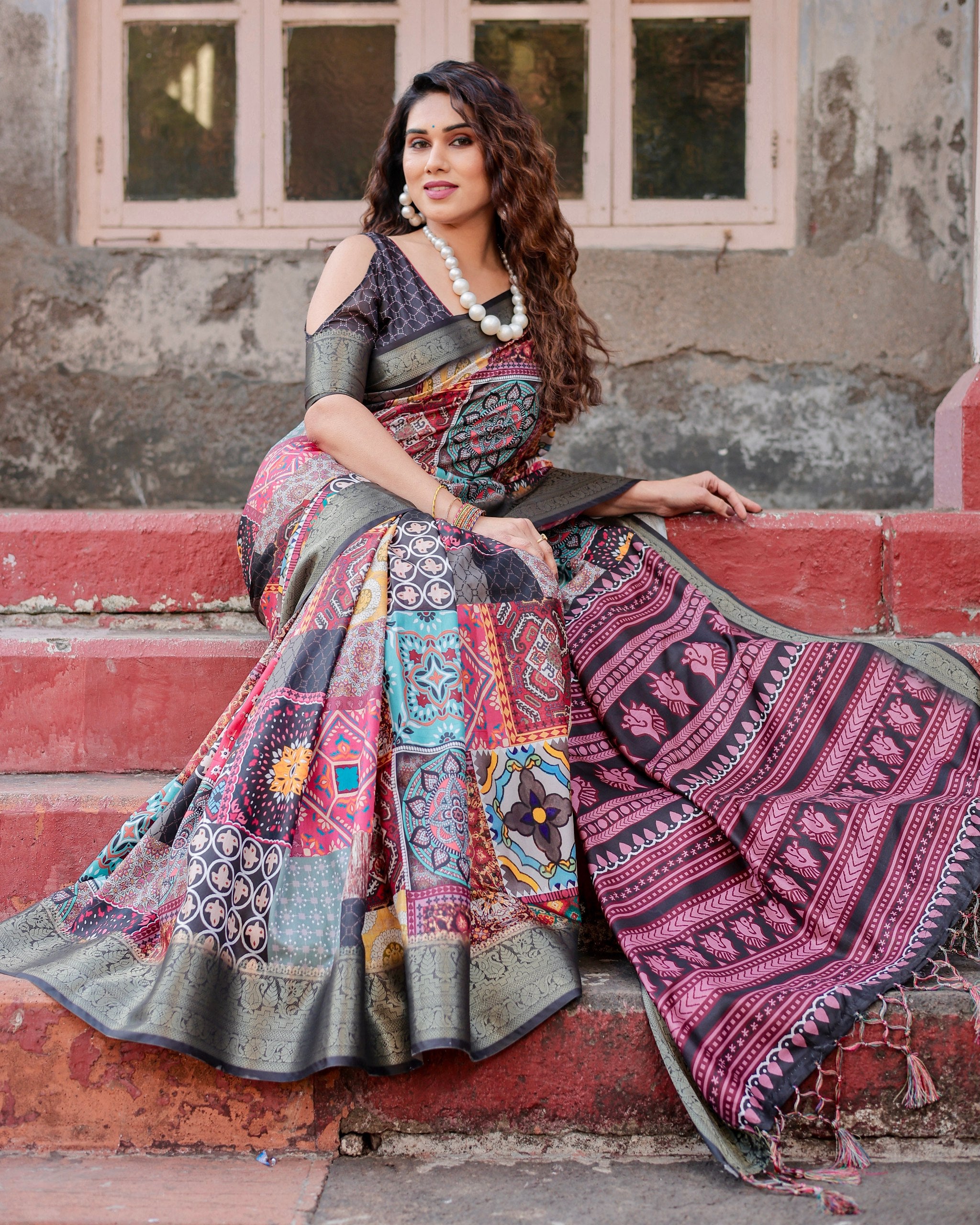 Digital Printed Pure Silk Saree with Brocade Blouse and Enchanting Tassels Colorful Saree