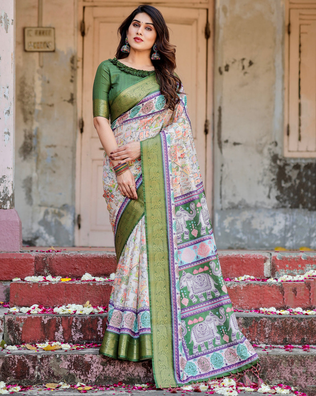 Digital Printed Pure Silk Saree with Brocade Blouse Colorful Saree