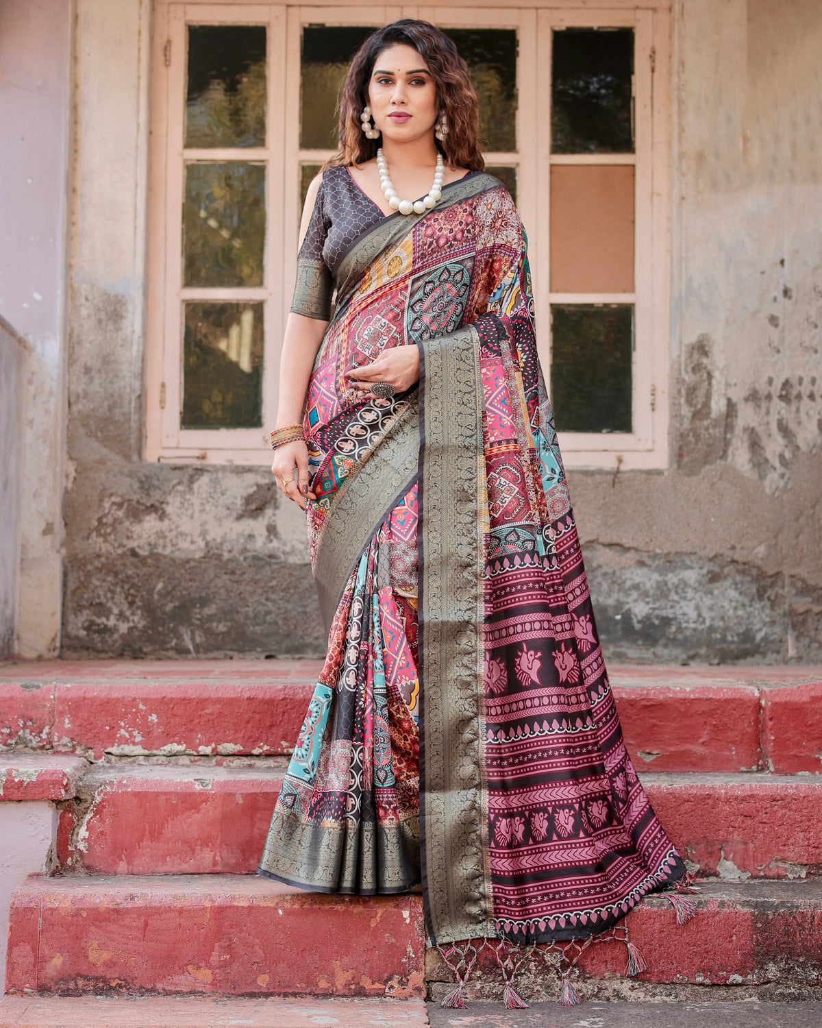 Digital Printed Pure Silk Saree with Brocade Blouse and Enchanting Tassels Colorful Saree