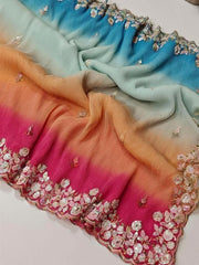 Elegant Crushed Georgette Colorful Saree with Embroidered Blouse - Perfect for Weddings Colorful Saree