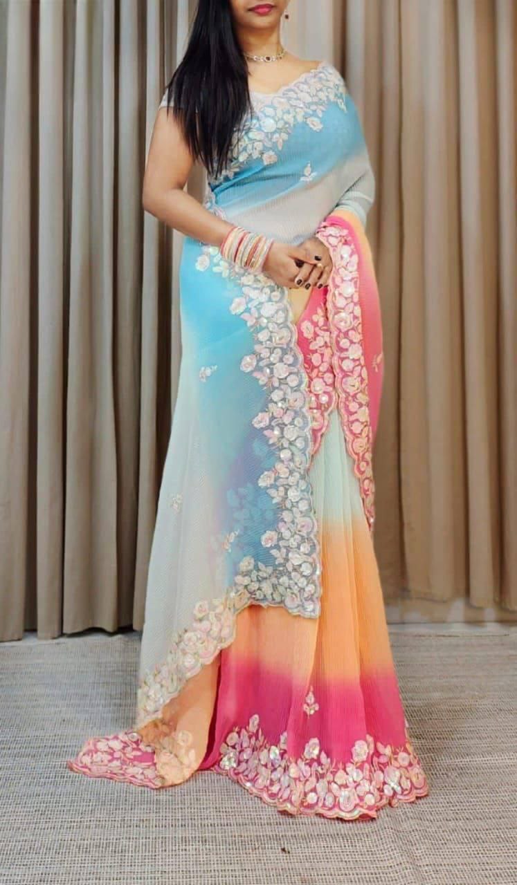 Elegant Crushed Georgette Colorful Saree with Embroidered Blouse - Perfect for Weddings Colorful Saree