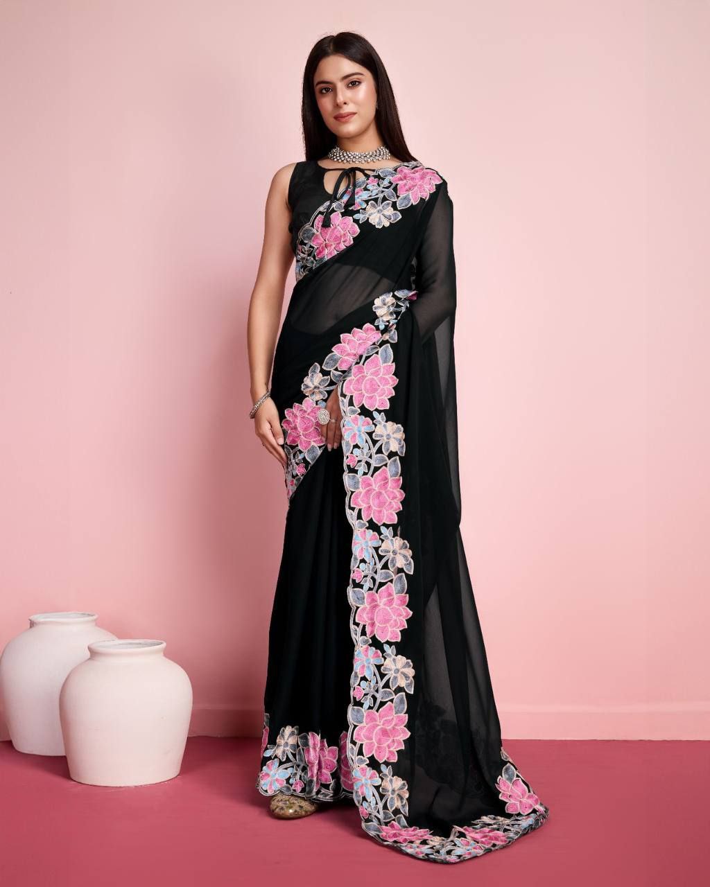 Elegant Georgette Black Saree with Chin Stitch Floral Embroidery Cut Work Colorful Saree