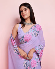 Elegant Georgette Lavender Saree with Chin Stitch Floral Embroidery Cut Work Colorful Saree