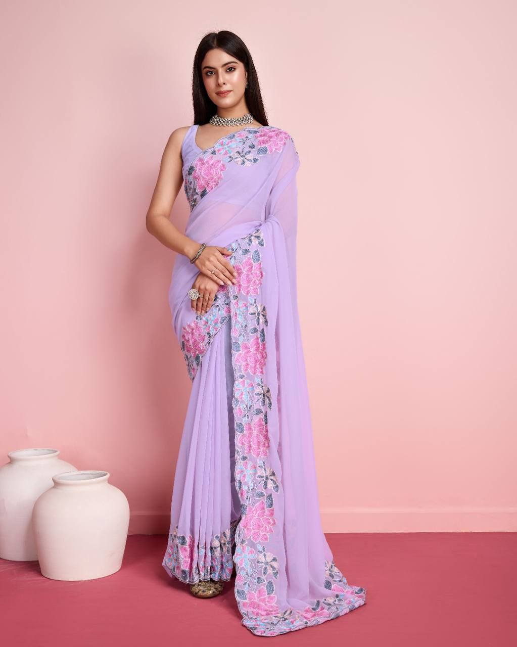 Elegant Georgette Lavender Saree with Chin Stitch Floral Embroidery Cut Work Colorful Saree