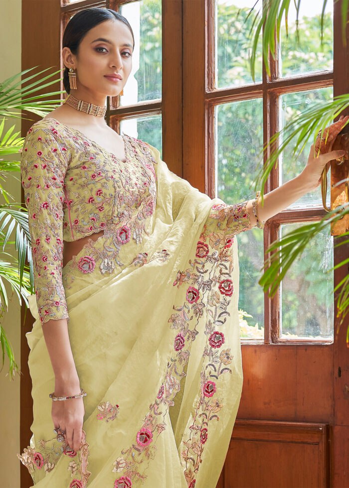 Elegant Georgette Lemon Yellow Saree with All-Over Embroidery Cut Work Border and Mono Banglory Satin Silk Blouse Piece Colorful Saree