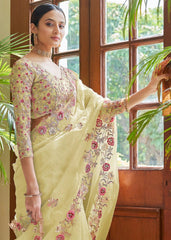 Elegant Georgette Lemon Yellow Saree with All-Over Embroidery Cut Work Border and Mono Banglory Satin Silk Blouse Piece Colorful Saree