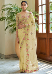 Elegant Georgette Lemon Yellow Saree with All-Over Embroidery Cut Work Border and Mono Banglory Satin Silk Blouse Piece Colorful Saree