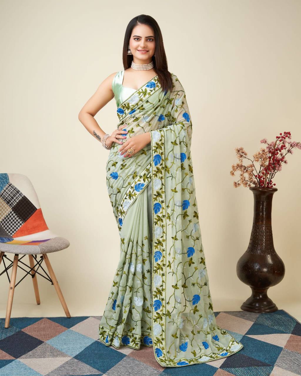 Elegant Georgette Mint Green Saree with All-Over Lucknowi Chikankari Work & Mono Banglory Blouse Colorful Saree