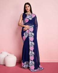 Elegant Georgette Navy Blue Saree with Chin Stitch Floral Embroidery Cut Work Colorful Saree