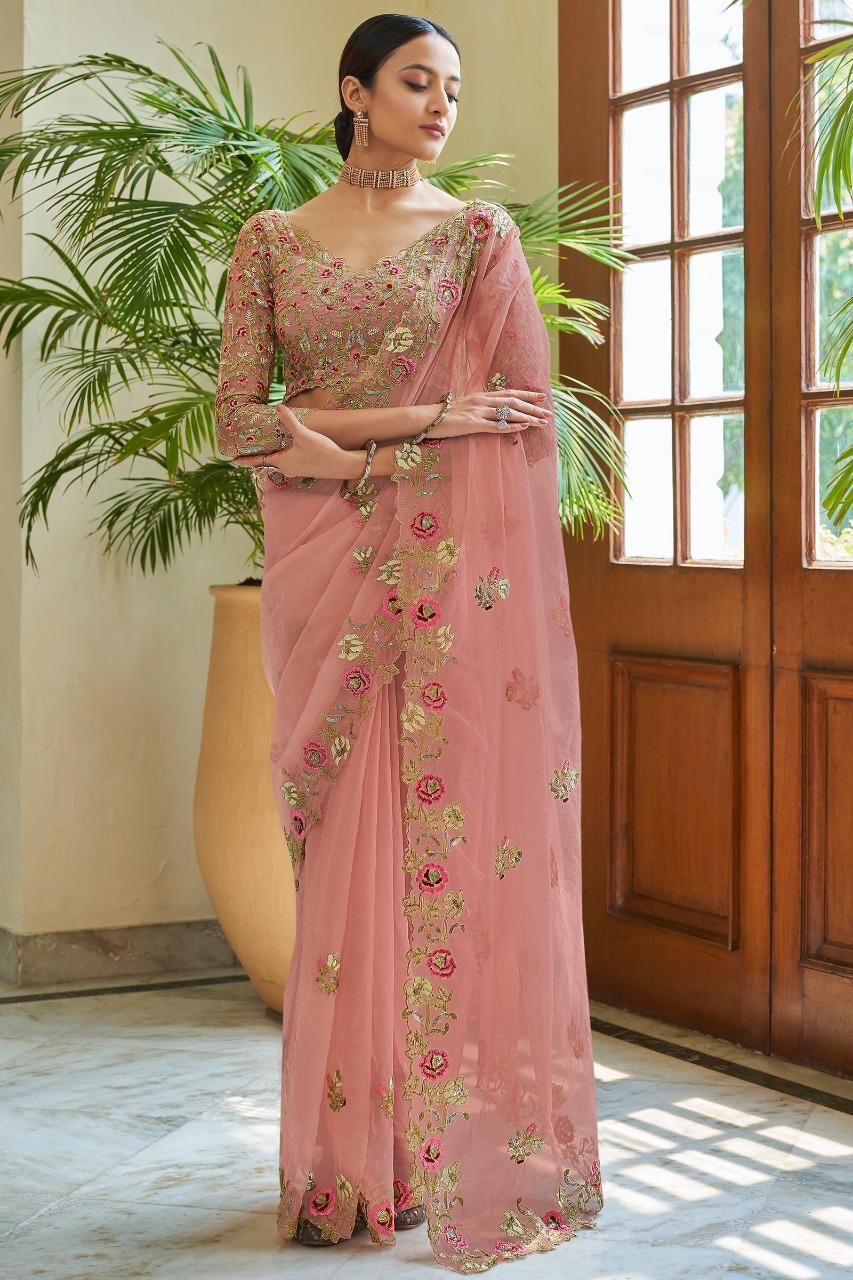 Elegant Georgette Pink Saree with All-Over Embroidery Cut Work Border and Mono Banglory Satin Silk Blouse Piece Colorful Saree