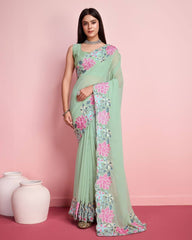 Elegant Georgette Pista Green Saree with Chin Stitch Floral Embroidery Cut Work Colorful Saree