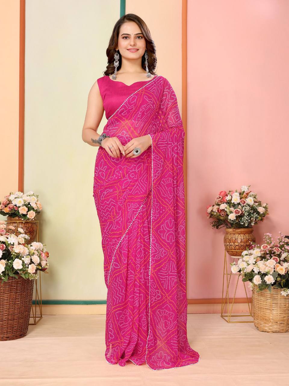 Elegant Georgette Rani Pink Saree with Mono Banglory Blouse Colorful Saree