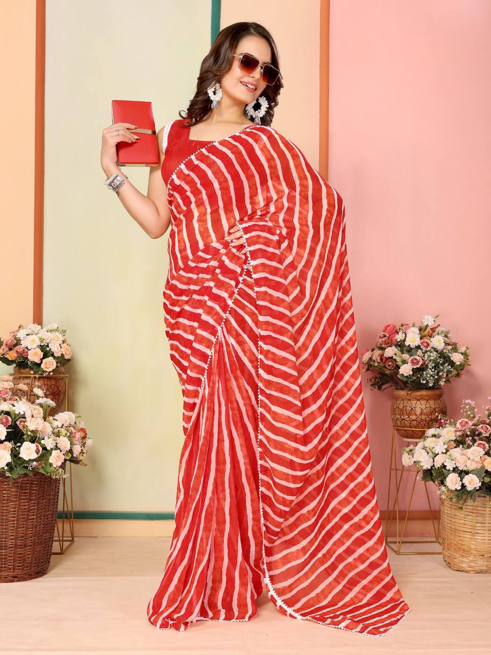 Elegant Georgette Red Saree with Mono Banglory Blouse Colorful Saree