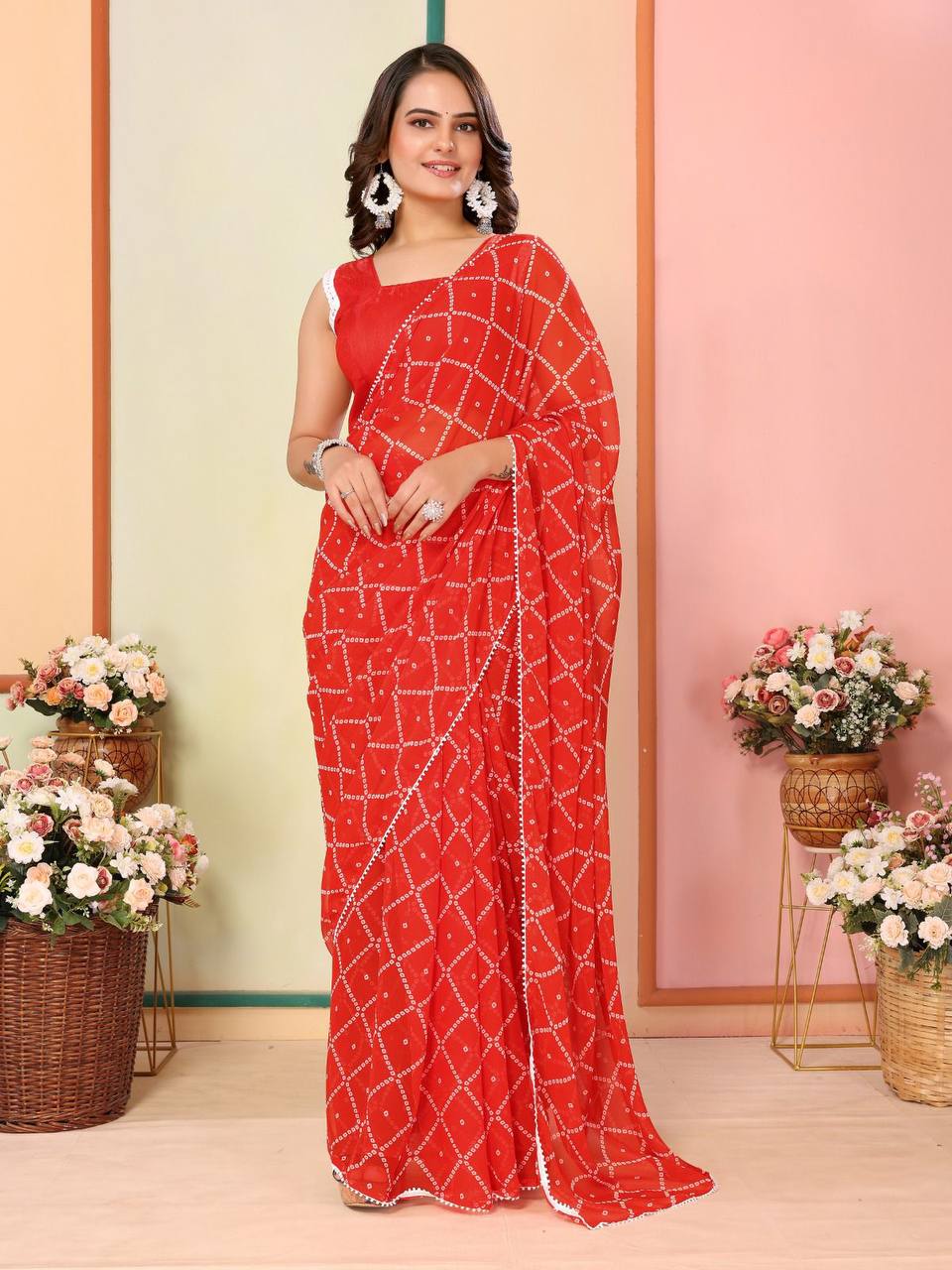 Elegant Georgette Red Saree with Mono Banglory Blouse Colorful Saree