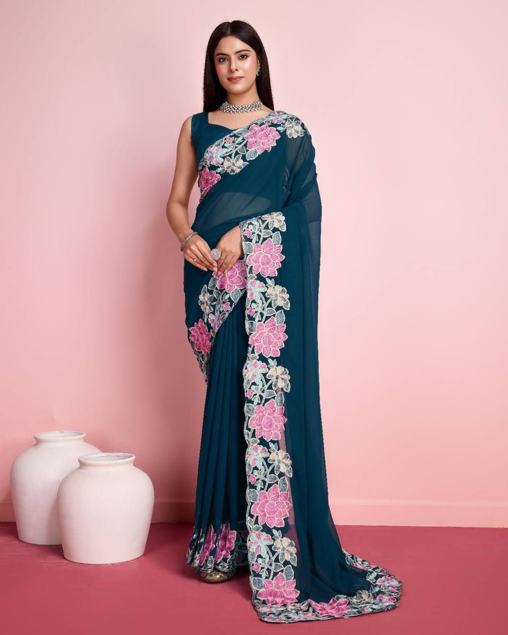 Elegant Georgette Teal Blue Saree with Chin Stitch Floral Embroidery Cut Work Colorful Saree