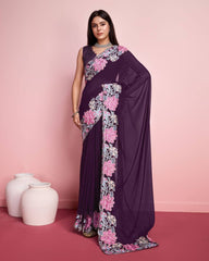 Elegant Georgette Wine Saree with Chin Stitch Floral Embroidery Cut Work Colorful Saree