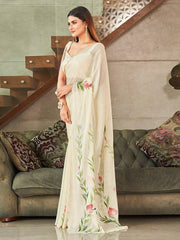 Elegant Moss Chiffon Saree with Hand Print, Sequence Aarco Border & Matching Unstitched Blouse Colorful Saree