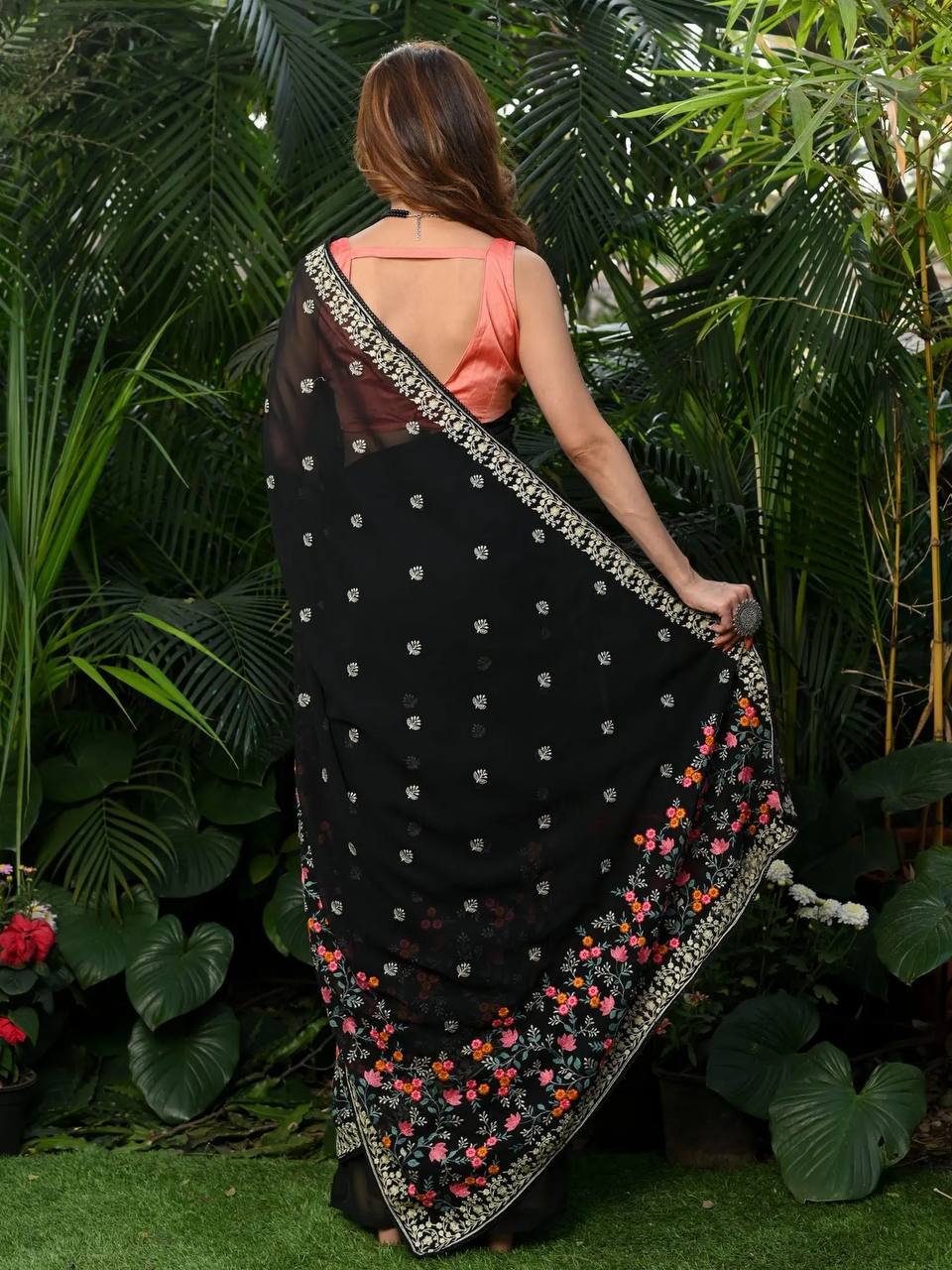 Elegant Multicolor Embroidered Georgette Black Saree with Rich Mono Banglory Blouse Piece Colorful Saree