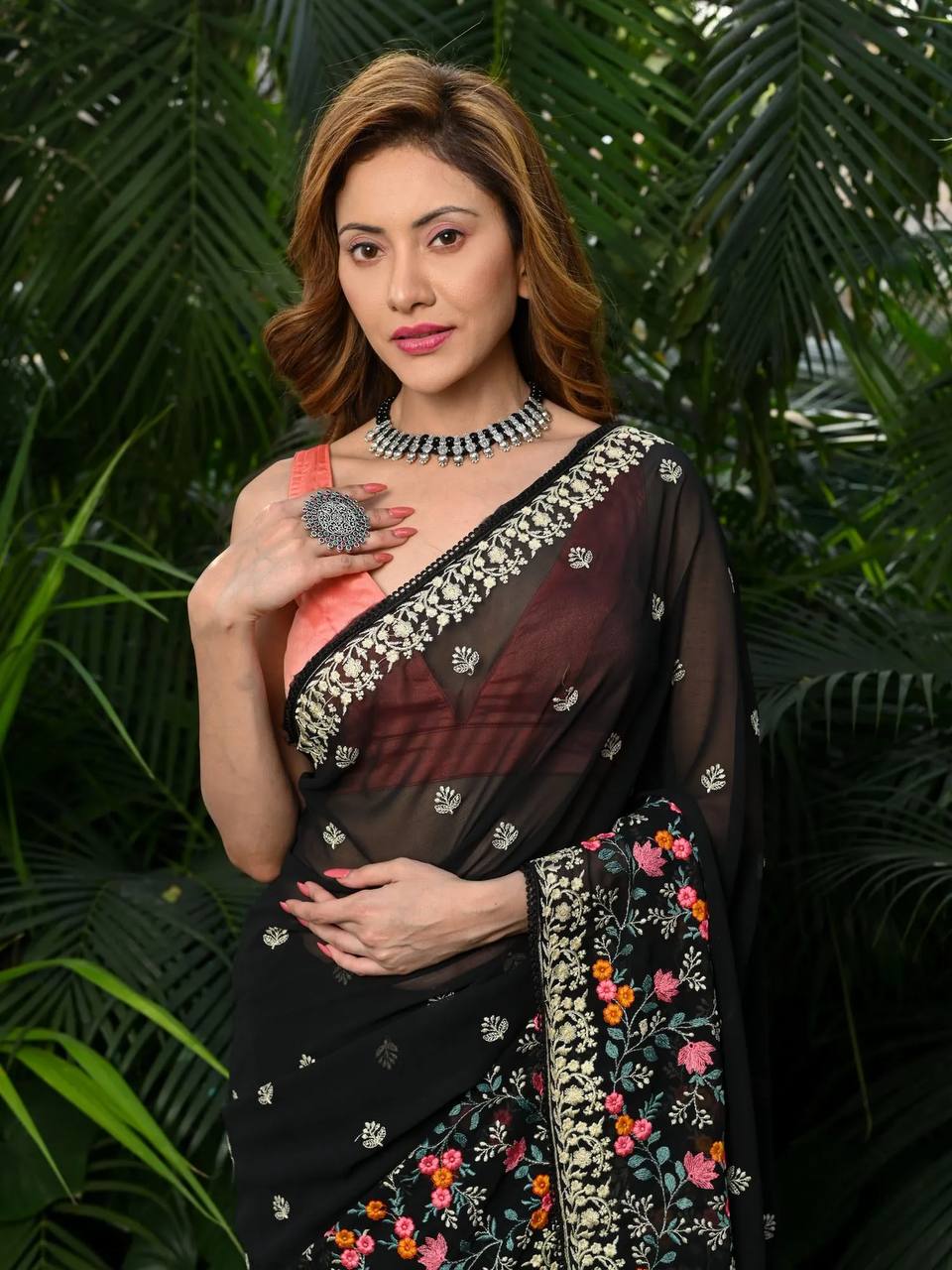 Elegant Multicolor Embroidered Georgette Black Saree with Rich Mono Banglory Blouse Piece Colorful Saree