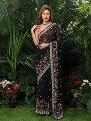 Elegant Multicolor Embroidered Georgette Black Saree with Rich Mono Banglory Blouse Piece Colorful Saree