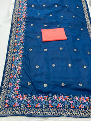 Elegant Multicolor Embroidered Georgette Blue Saree with Rich Mono Banglory Blouse Piece Colorful Saree